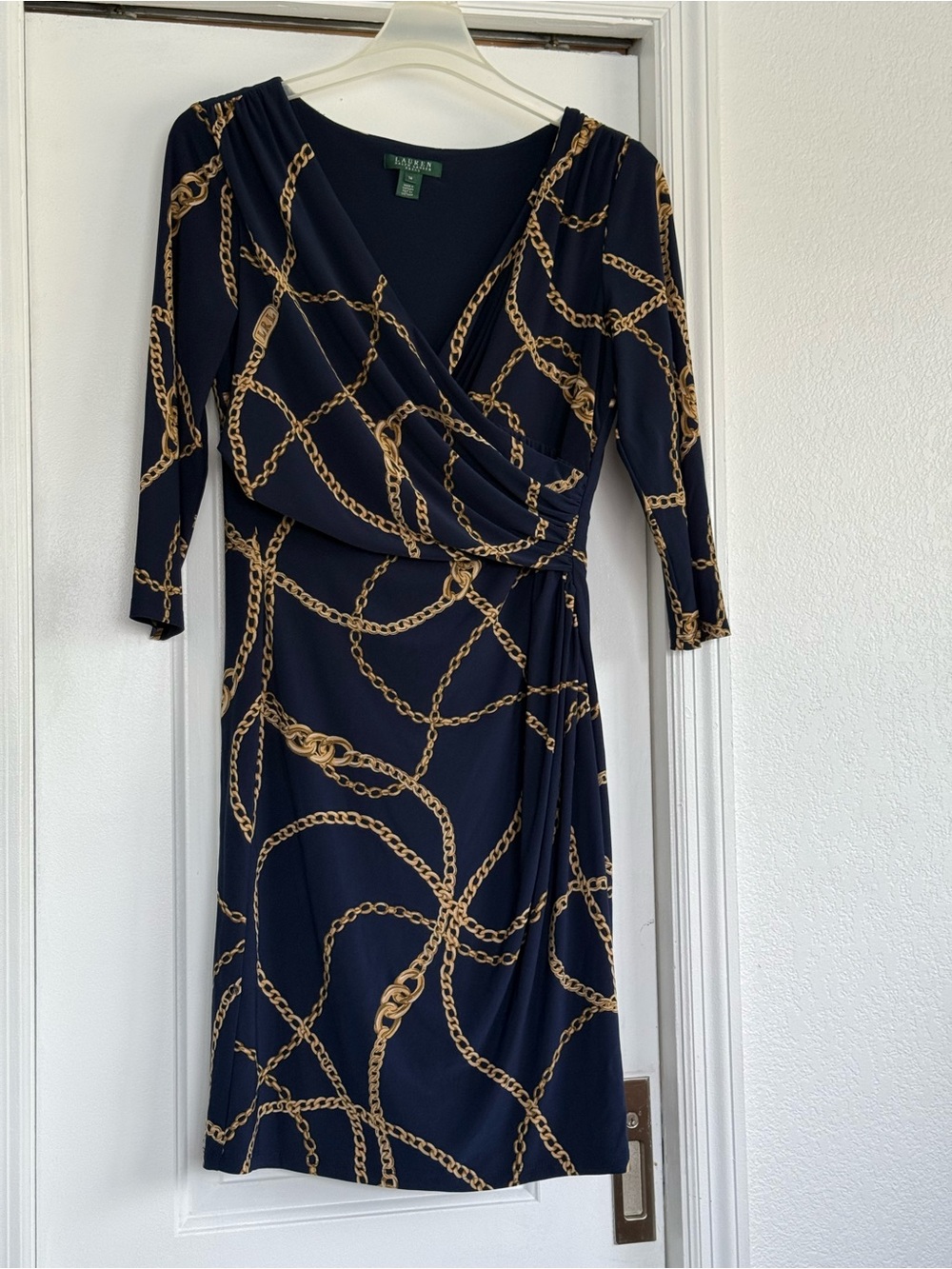 Lauren Ralph Lauren Navy and Gold Chain-Print Wrap Dress